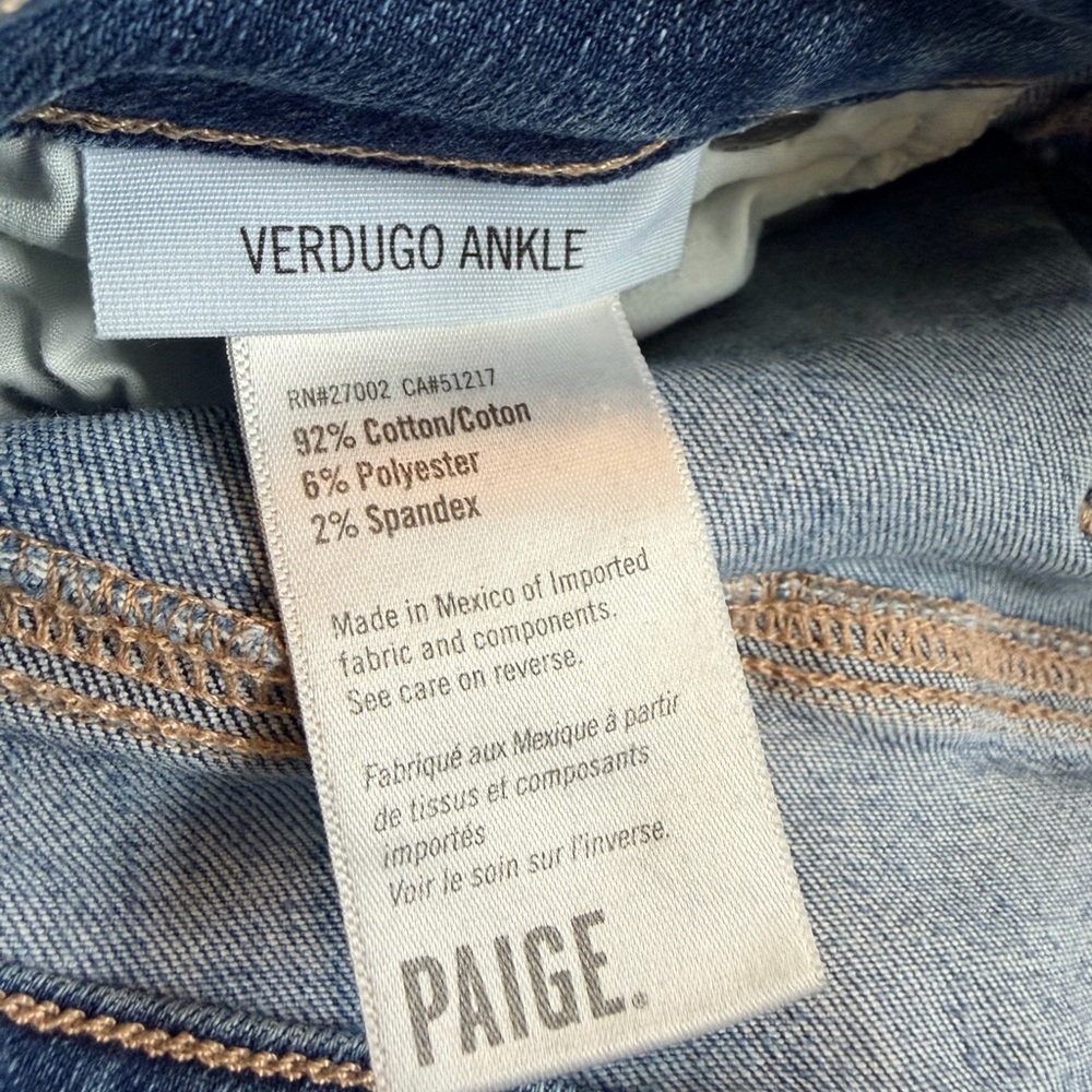PAIGE Verdugo Ankle Jeans in Blue Denim. Frayed and distressed look
